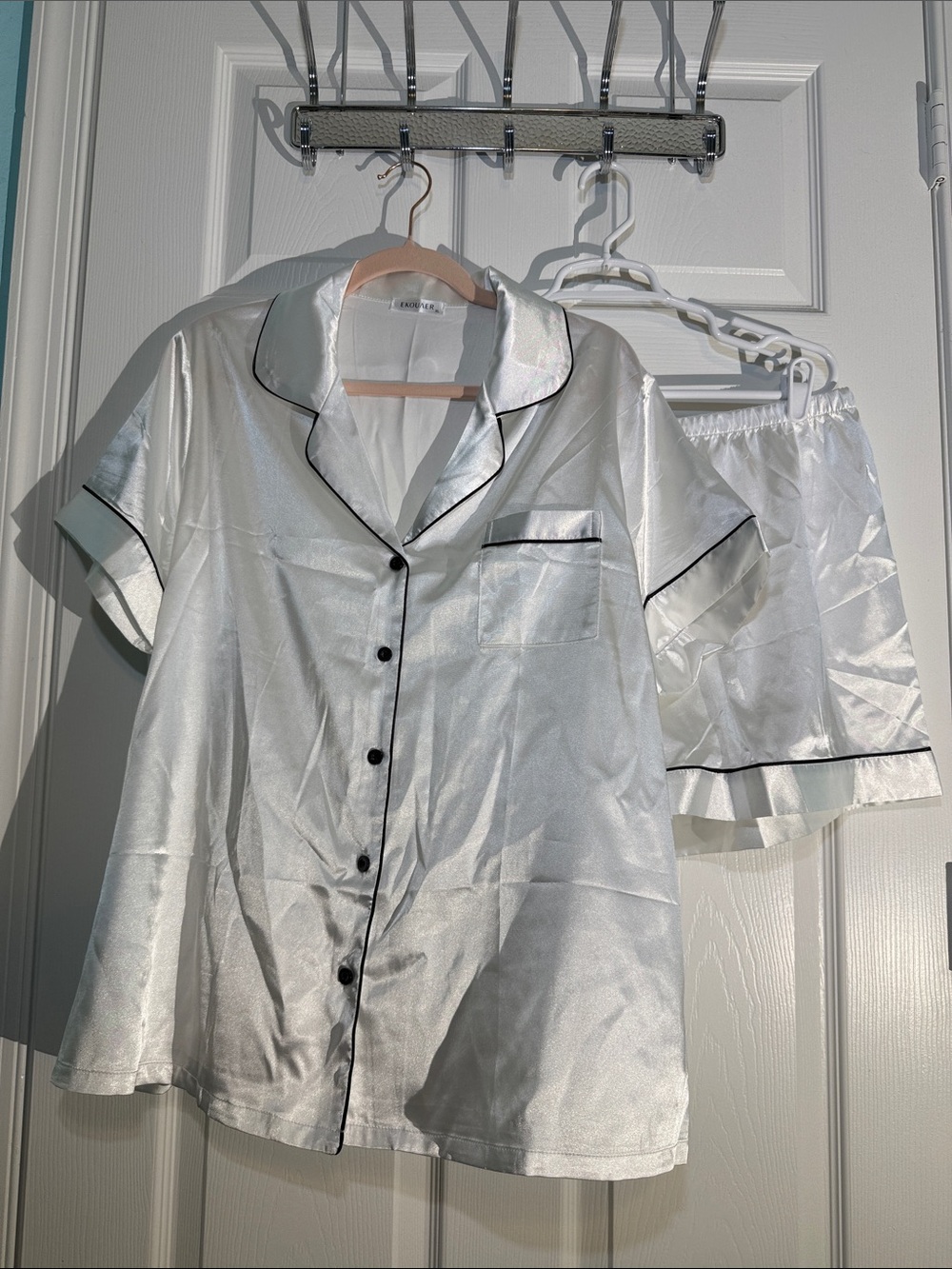 Satin Short Sleeve Pajama Set with Black Piping — White